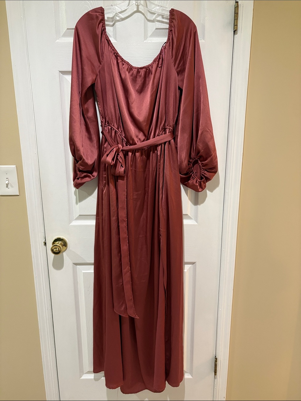 Women’s Rust Long Sleeve Satin Maxi Dress with Belt